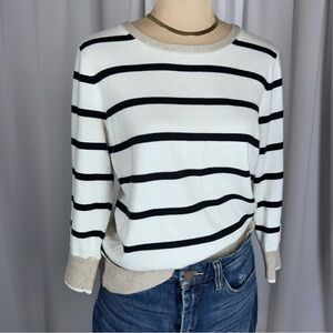 Lands End Women’s Striped 100% Supima Cotton Sweater Sz S 3/4 Sleeve Metalli